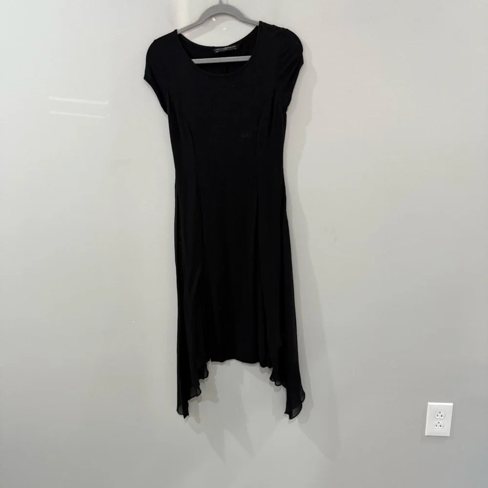 Peruvian Connection Dress Midi Bodycon Short Sleeve Mesh Overlay in Black